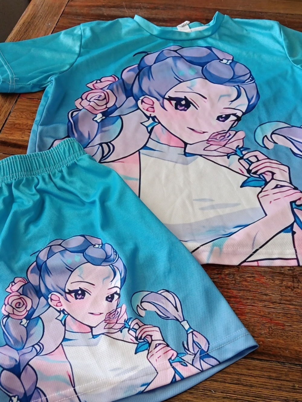 Girls Blue Anime Print Short Set RUMI From Demon Hunters